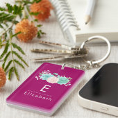 Pastel Roze en Groene Floral Bouquet op Magenta Te Sleutelhanger (Voorkant Rechts)