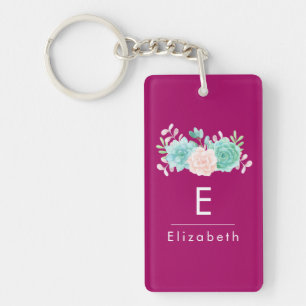 Pastel Roze en Groene Floral Bouquet op Magenta Te Sleutelhanger