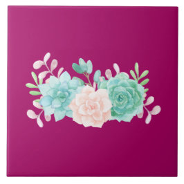 Pastel Roze en Groene Floral Bouquet op Magenta Te Tegeltje