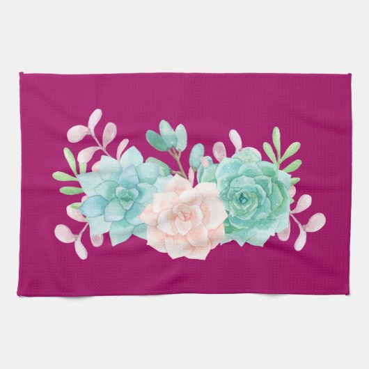 Pastel Roze en Groene Floral Bouquet op Magenta Te Theedoek (Horizontaal)