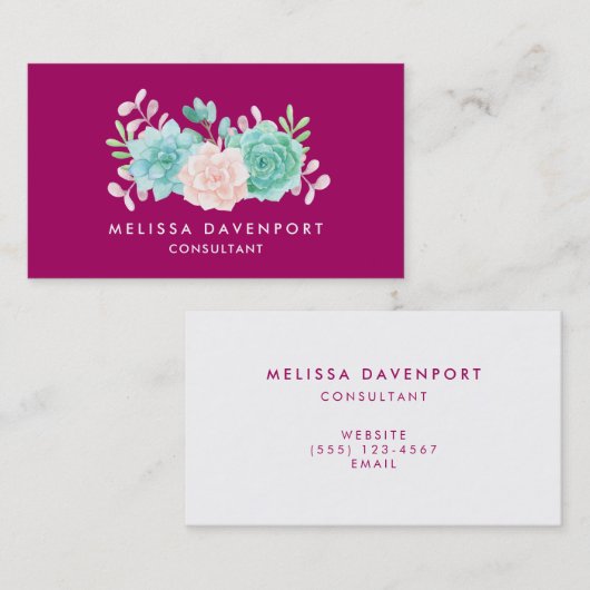 Pastel Roze en Groene Floral Bouquet op Magenta Te Visitekaartje (Voorkant / Achterkant)