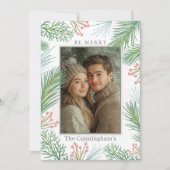 Pastel Roze en Groene Holly Kerstmis Feestdagenkaart (Voorkant)