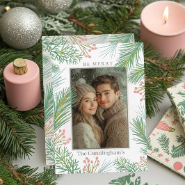 Pastel Roze en Groene Holly Kerstmis Feestdagenkaart