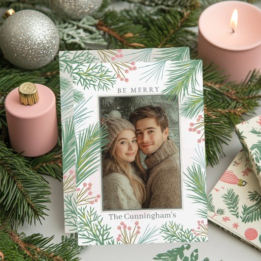 Pastel Roze en Groene Holly Kerstmis Feestdagenkaart