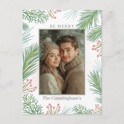 Pastel Roze en Groene Holly Kerstmis Feestdagenkaart (Voorkant)