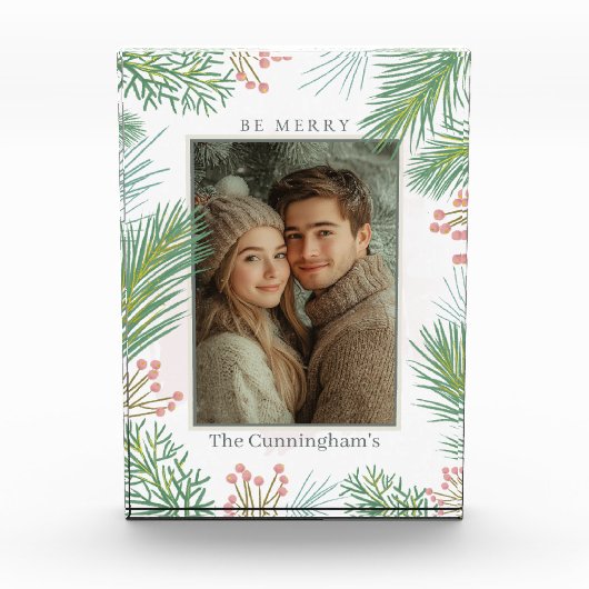 Pastel Roze en Groene Holly Kerstmis Fotoblokken (Voorkant)