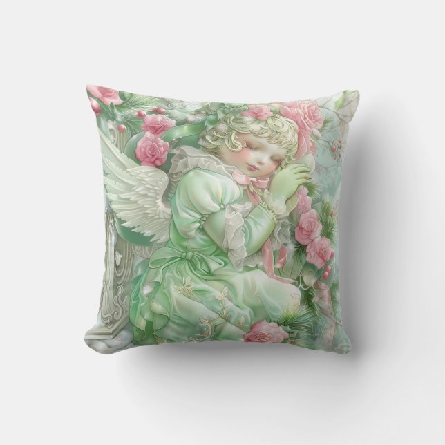 Pastel Roze en Groene Kerst Kussensloop Kussen (Voorkant)