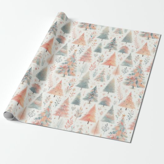 Pastel Roze en Groene Kerstbomen Cadeaupapier (Uitgerold)