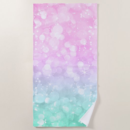 Pastel Roze en Groene Moderne Bokeh Faux Glitter Strandlaken (Voorkant)