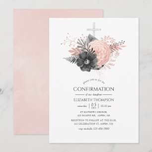 Pastel roze en houtskool bloem bevestiging kaart
