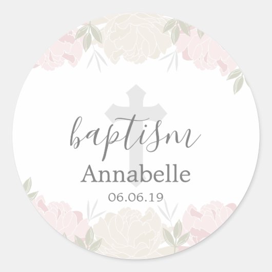 Pastel Roze en Ivoor Bloemen Baby Doop Ronde Sticker (Voorkant)