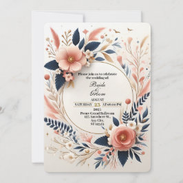 Pastel Roze en Marineblauwe Bloemen Bruiloft Uitno Kaart