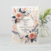 Pastel Roze en Navy Bloemen Huwelijksuitnodiging Kaart (Staand voorkant)
