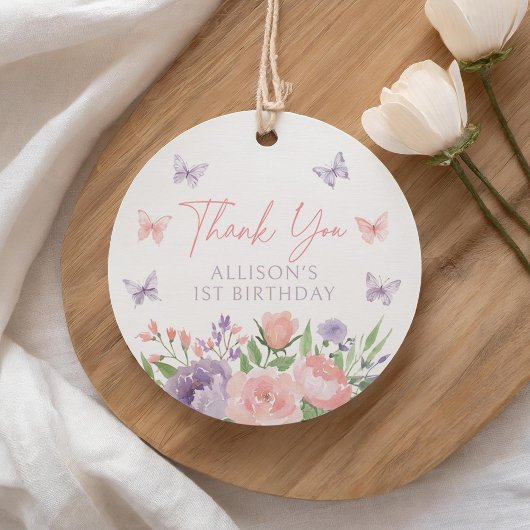 Pastel Roze en Paarse Bloemen Vlinder Verjaardag Bedankjes Labels
