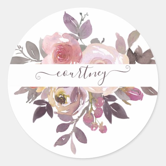 Pastel roze en paarse floraal gepersonaliseerd ronde sticker (Voorkant)
