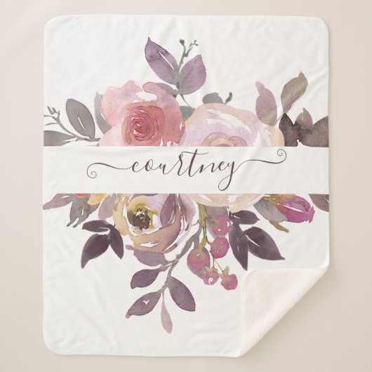 Pastel roze en paarse floraal gepersonaliseerd sherpa deken (Voorkant)
