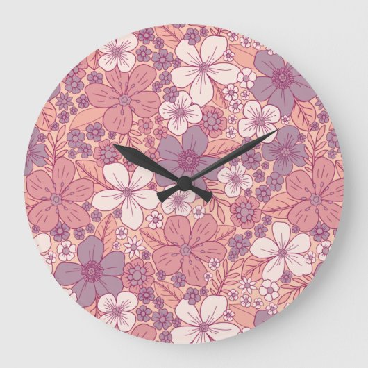 Pastel Roze en Paarse Floral Grote Klok (Voorkant)