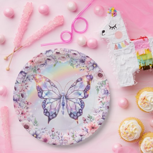Pastel roze en paarse magische kristallen vlinder papieren bordje (Feest)