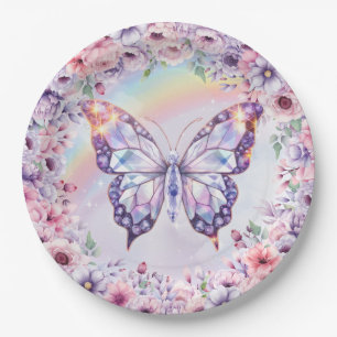 Pastel roze en paarse magische kristallen vlinder papieren bordje