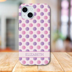 Pastel Roze en Paarse Polka Dots Custom Name iPhone 15 Case