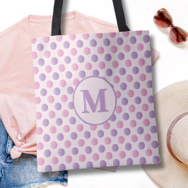 Pastel roze en Paarse polka dots monogram Tote Bag