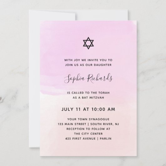 Pastel Roze en Paarse Waterverf | Bat Mitzvah Kaart (Voorkant)