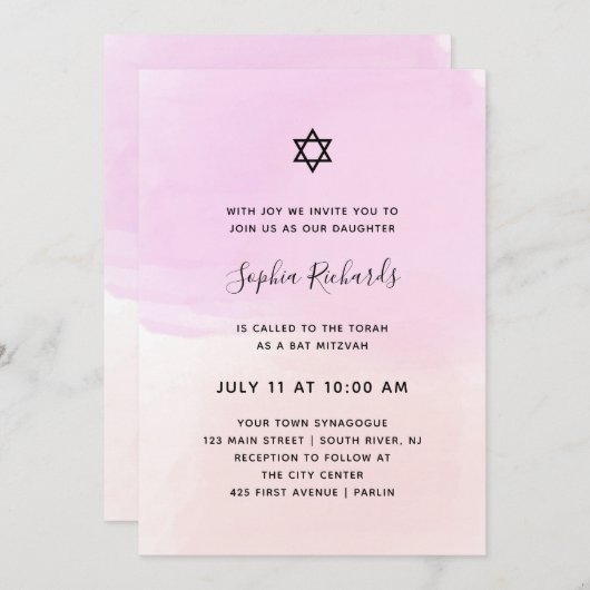 Pastel Roze en Paarse Waterverf | Bat Mitzvah Kaart (Voorkant / Achterkant)