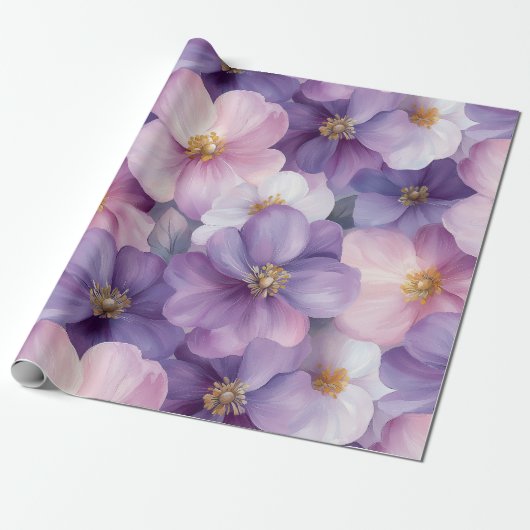 Pastel Roze en Paarse Waterverf Floral Design Cadeaupapier (Uitgerold)