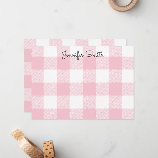 Pastel roze en wit Gingham Check Notitiekaartje (Voorkant / Achterkant in situ)
