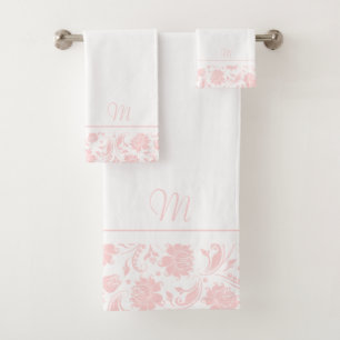 Pastel-roze en witte damast monogram bad handdoek