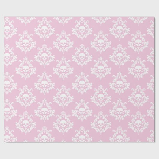 Pastel roze en witte schedel damast inpakpapier (Vlak)