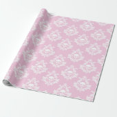 Pastel roze en witte schedel damast inpakpapier (Uitgerold)