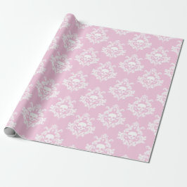 Pastel roze en witte schedel damast inpakpapier