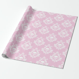 Pastel roze en witte schedel damast inpakpapier
