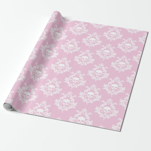Pastel roze en witte schedel damast inpakpapier (Uitgerold)