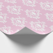 Pastel roze en witte schedel damast inpakpapier (Hoek)