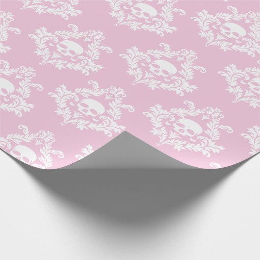Pastel roze en witte schedel damast inpakpapier (Hoek)