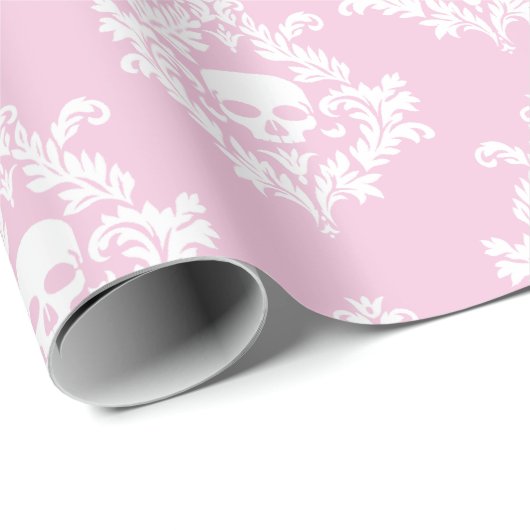 Pastel roze en witte schedel damast inpakpapier (Rol Hoek)