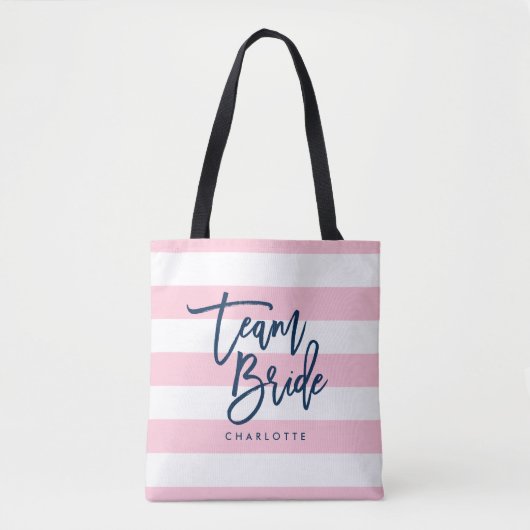 Pastel roze en witte strepen blauw team bruid tote bag (Voorkant)