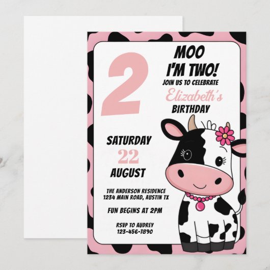 Pastel Roze en Zwarte Moo Koe Elke Leeftijd Verjaa Kaart (Voorkant / Achterkant)