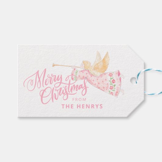 Pastel Roze Engel Kerststal Cadeaulabel (Voorkant (Horizontaal))