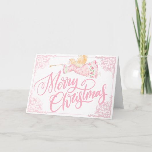 Pastel Roze Engel Prettig Kerstfeest Kaart (Voorkant)
