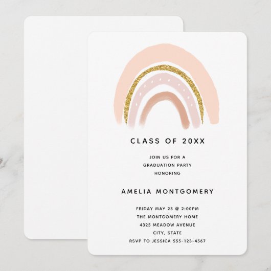 Pastel Roze & Faux Glitter Boho Regenboog Afstuder Kaart (Voorkant / Achterkant)