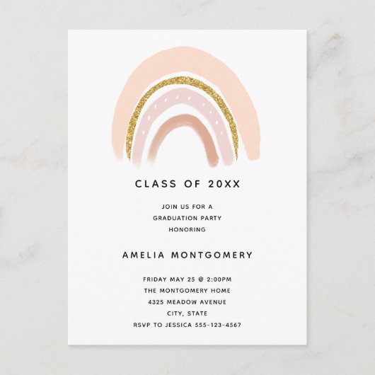 Pastel Roze & Faux Glitter Boho Regenboog Afstuder Uitnodiging Briefkaart (Voorkant)