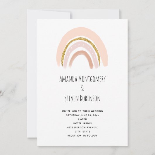 Pastel Roze & Faux Glitter Boho Regenboog Bruiloft Kaart (Voorkant)