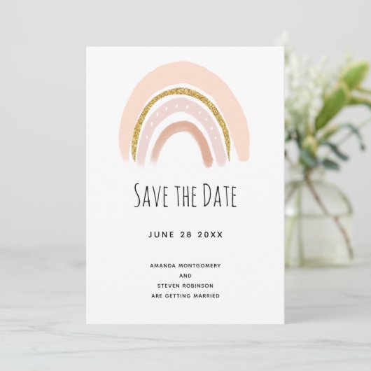 Pastel Roze & Faux Glitter Boho Regenboog Bruiloft Save The Date (Staand voorkant)