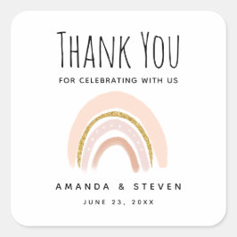 Pastel Roze & Faux Glitter Boho Regenboog Bruiloft Vierkante Sticker