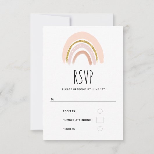 Pastel Roze & Faux Glitter Boho Regenboog RSVP Kaartje (Voorkant)