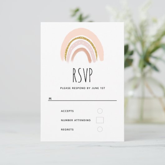 Pastel Roze & Faux Glitter Boho Regenboog RSVP Kaartje (Staand voorkant)