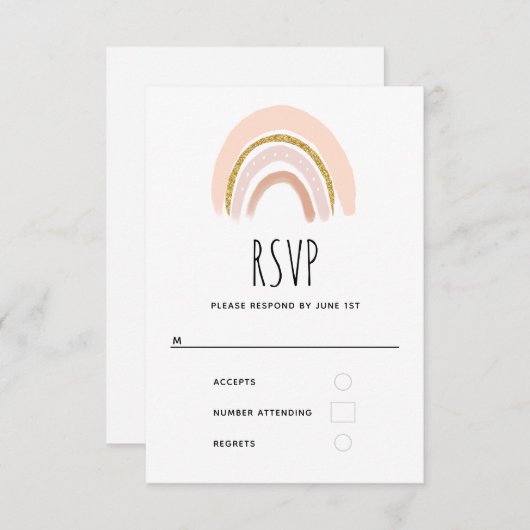 Pastel Roze & Faux Glitter Boho Regenboog RSVP Kaartje (Voorkant / Achterkant)